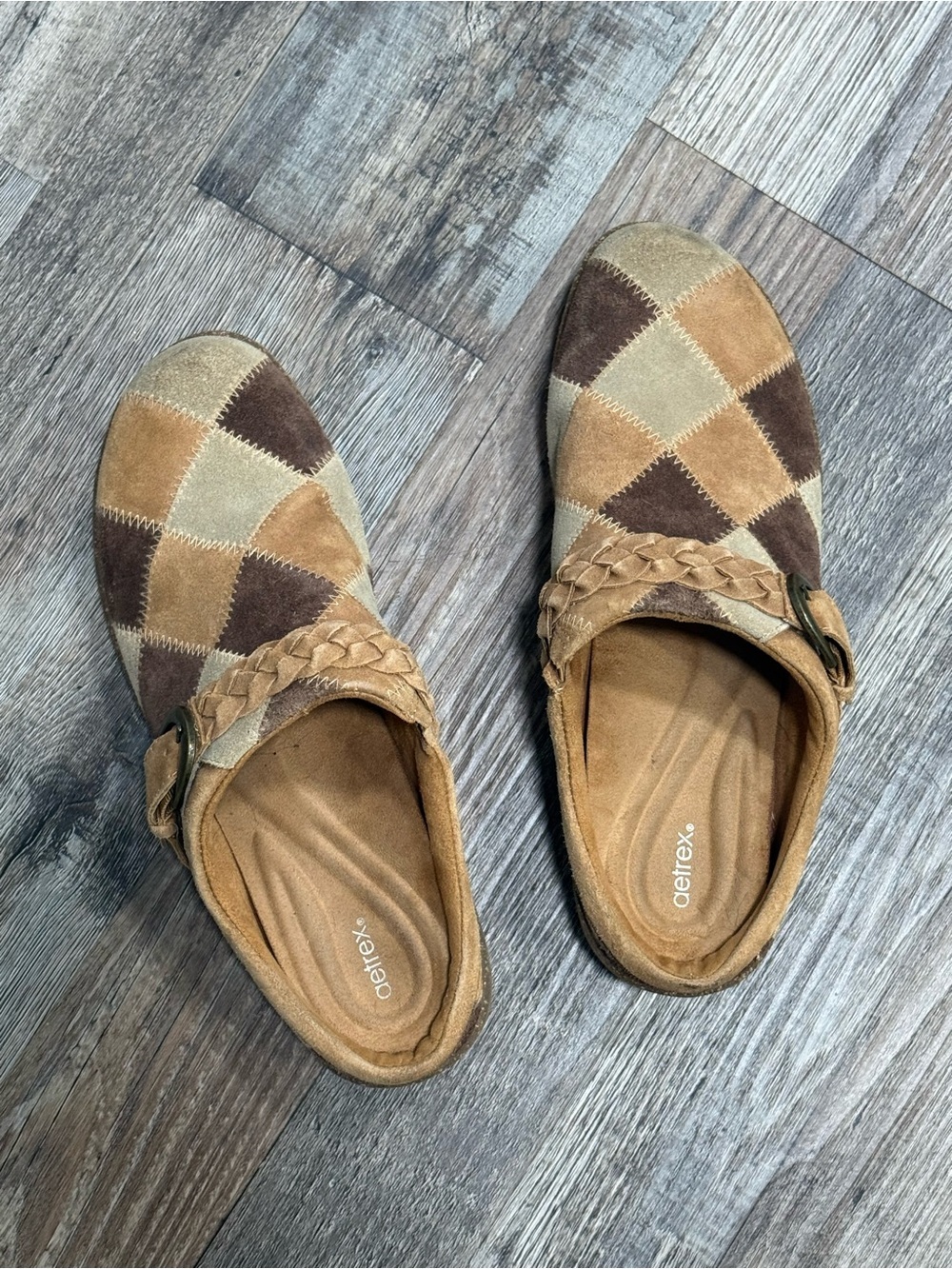 Aetrex Boho Suede Brown Patchwork Libby Clog Mule Shoes Women’s Size 10